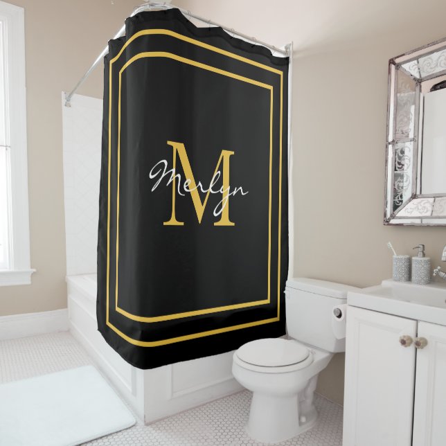 Monogram Initials Gold Black Custom Name 2023 Shower Curtain (In Situ)