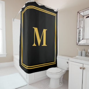 Monogram Initials Gold Black Stylish Custom Name Shower Curtain