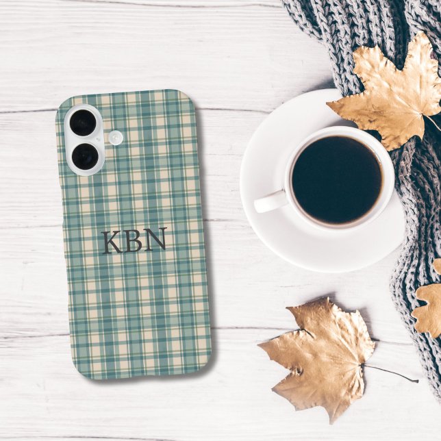 Monogram Initials Green Blue Beige Plaid Tartan Case-Mate iPhone Case (Monogrammed initials green blue beige tartan buffalo plaid iPhone case. Gray Initials.)