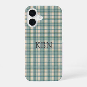 Monogram Initials Green Blue Beige Plaid Tartan iPhone 16 Case