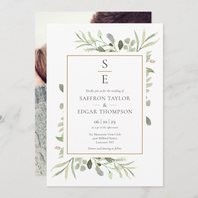 Monogram Initials Greenery Foliage Photo Wedding Invitation (Front/Back)
