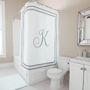 Monogram Initials Grey White Custom Script Name Shower Curtain