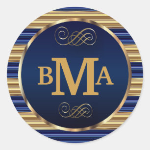 Monogram Initials in Dark Blue & Gold Stripes Classic Round Sticker