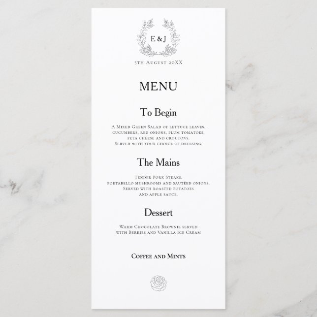 Monogram Initials/Leaves/Black Typography Wedding Menu (Front)
