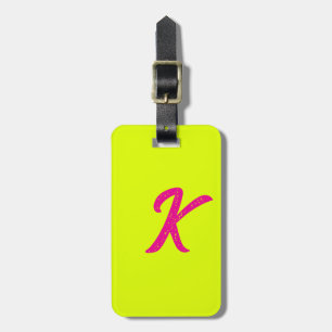 Monogram Initials Letter Chartreuse Yellow Pink Luggage Tag
