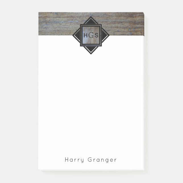Monogram Initials Masculine for Guys | Rustic Wood Post-it Notes (Front)