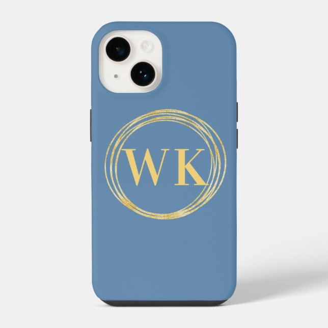 Monogram Initials Modern Dusty Blue Gold Circles iPhone Case (Back)