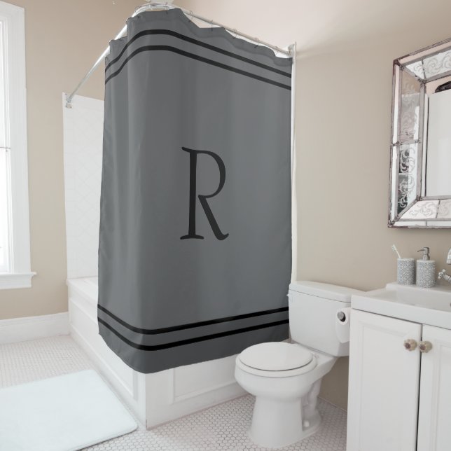 Monogram Initials Name Black Stripe Dark Grey Grey Shower Curtain (In Situ)