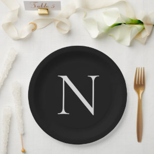 Monogram Initials Name Customised  Black White Paper Plate