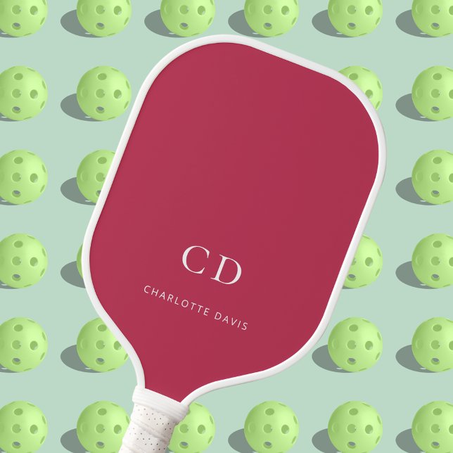 Monogram initials name magenta white pickleball paddle (Creator Uploaded)