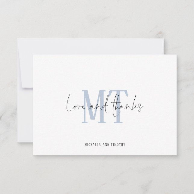 Monogram Initials Names Blue Wedding Thank You Card (Front)