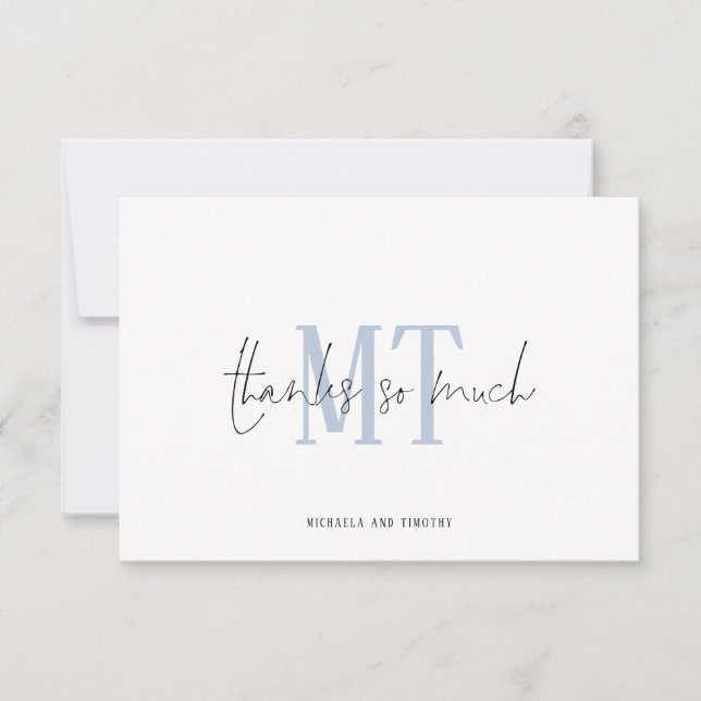 Monogram Initials Names Dusty Blue Wedding Thanks Card (Front)