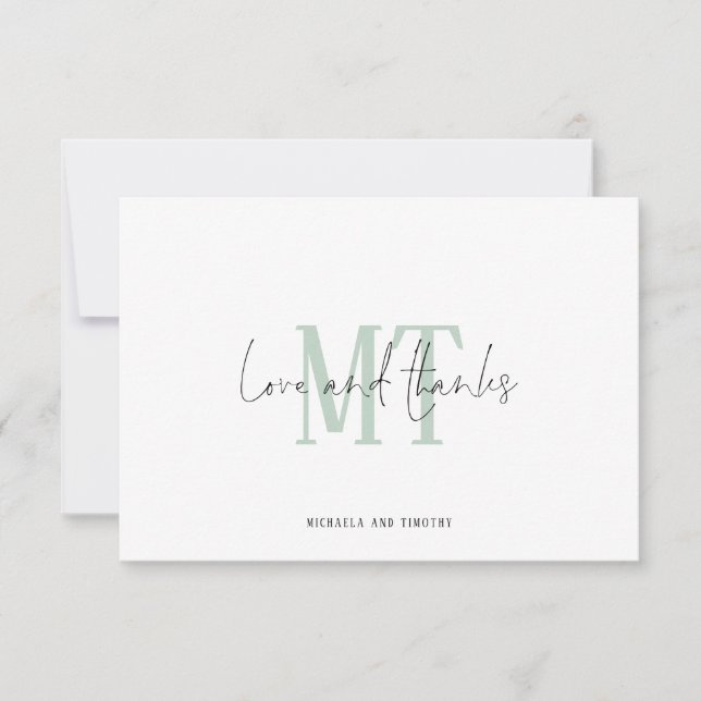 Monogram Initials Names Sage Wedding Thank You Card (Front)