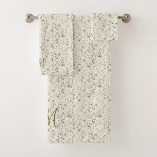 Monogram Initials Neutral Boho Florals Botanicals Bath Towel Set