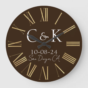 Monogram Initials on Chocolate Brown Wedding Large Clock