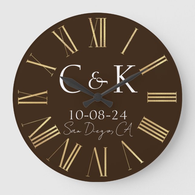 Monogram Initials on Chocolate Brown Wedding Large Clock (Front)
