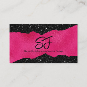 Monogram Initials on Luxurious Black and Hot Pink Business Card