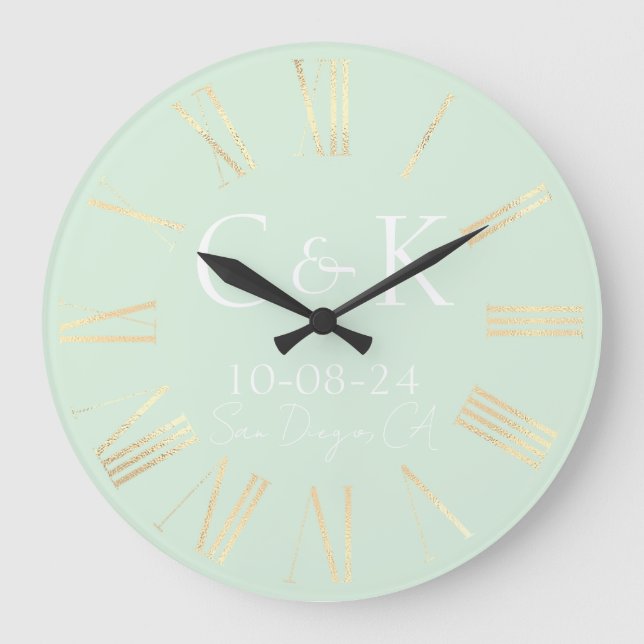 Monogram Initials on Mint Green Wedding Large Clock (Front)