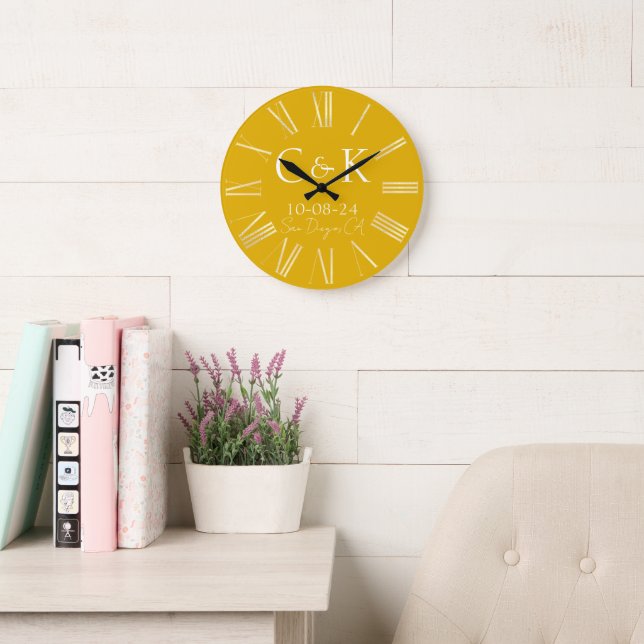 Monogram Initials on Mustard Yellow Wedding Large Clock (Reading Room)