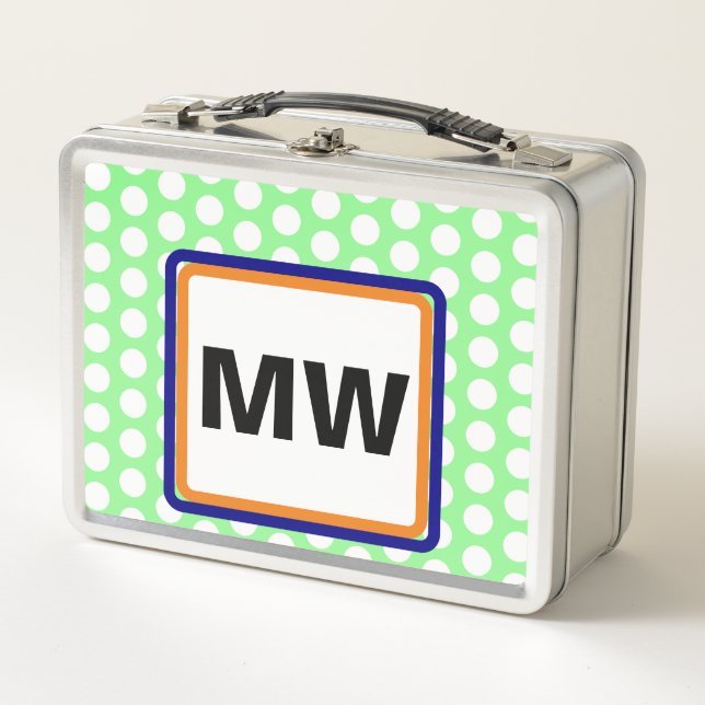 Monogram Initials Orange Green Polka Dot Metal Lunch Box (Front)