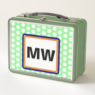 Monogram Initials Orange Green Polka Dot Metal Lunch Box