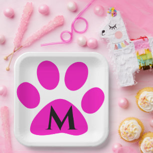 Monogram Initials Paw Prints Pink Black Cute Girly Paper Plate