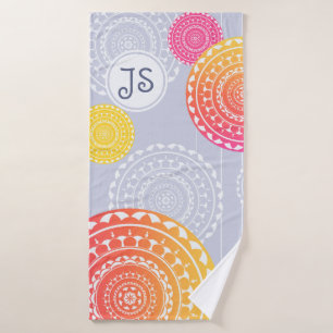 Monogram Initials Pink and Yellow Mandala Inspired Bath Towel