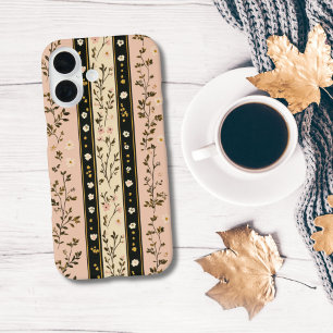 Monogram Initials Pink Beige Black Floral Stripes  iPhone 16 Case