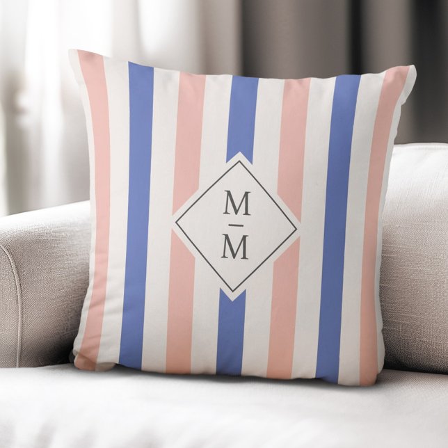 Monogram initials pink blue stripes cushion (Monogram initials pink blue stripes throw pillow)