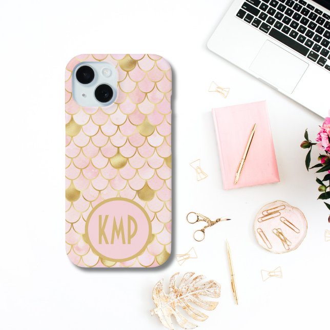 Monogram Initials Pink Blush Gold Mermaid Scales Case-Mate iPhone Case (Blush Pink and Gold Monogrammed Mermaid Scales iPhone 15 14 13 12 11 case)