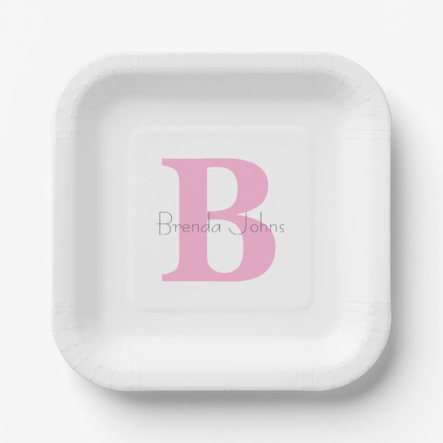 Monogram Initials Pink Custom Name Baby Shower Paper Plate (Front)