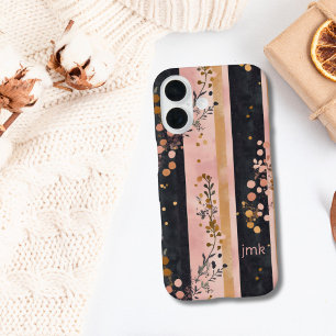 Monogram Initials Pink Gold Black Florals Stripes  iPhone 16 Case