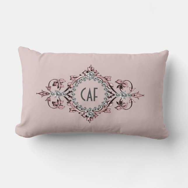 Monogram Initials Pink Grey Silver Flourish Ornate Lumbar Cushion (Front)