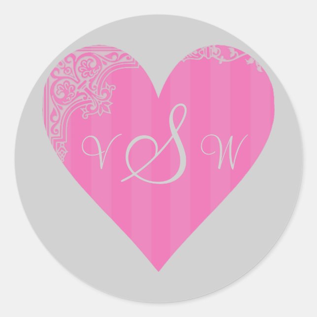 Monogram/Initials - Pink & Grey Victorian Heart Classic Round Sticker (Front)