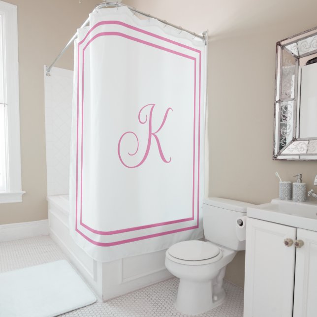 Monogram Initials Pink White Custom Script Name Shower Curtain (In Situ)