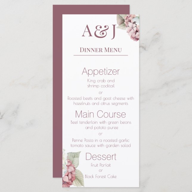 Monogram Initials Pink & White Hydrangea Flowers Menu (Front/Back)