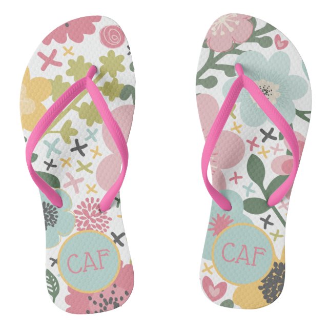 Monogram Initials Pink Yellow Blue Green Floral  Flip Flops (Footbed)