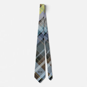 Monogram Initials Plaid Dusty Blue Gray Brown Chic Tie