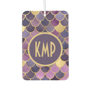 Monogram Initials Purple Gold Mermaid Scales Car Air Freshener