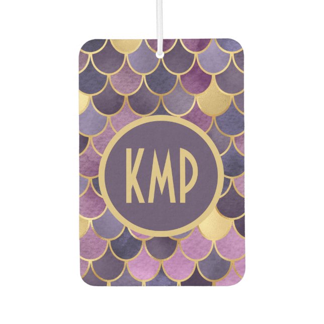 Monogram Initials Purple Gold Mermaid Scales Car Air Freshener (Front)