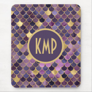 Monogram Initials Purple Gold Mermaid Scales Mouse Mat