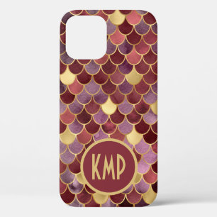 Monogram Initials Purple Gold Red Mermaid Scales  iPhone 12 Case