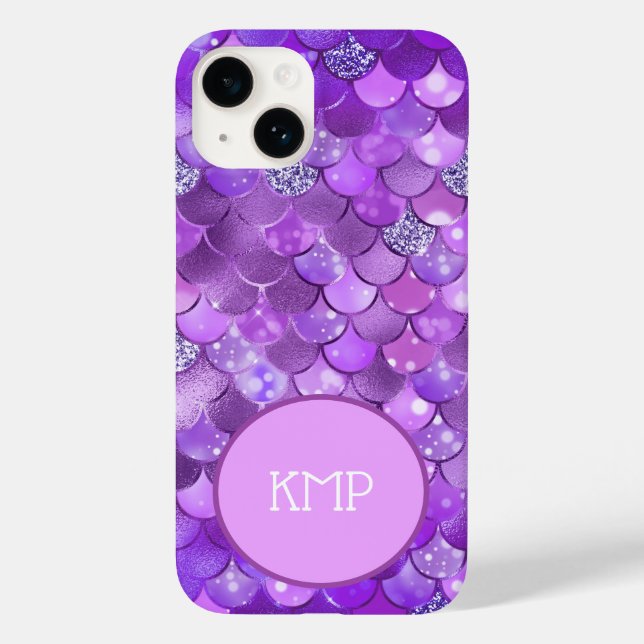 Monogram Initials Purple Silver Mermaid Scales Case-Mate iPhone Case (Back)