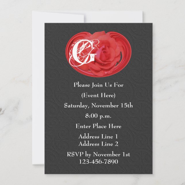 Monogram Initials Red Rose Floral Design Invite (Front)