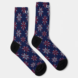 Monogram Initials Red & White Fireworks on Blue Socks