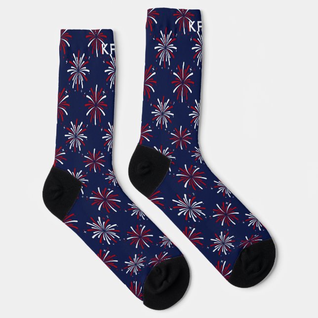 Monogram Initials Red & White Fireworks on Blue Socks (Right)