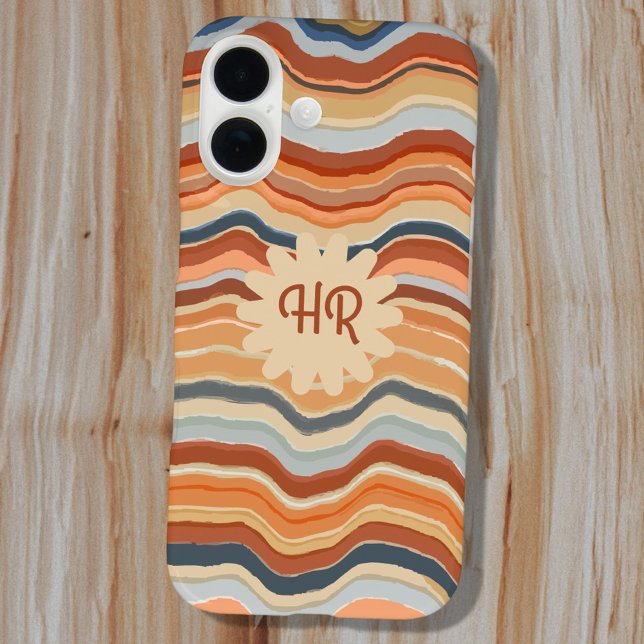 Monogram Initials Retro Stripes Waves Orange Blue Case-Mate iPhone Case (Creator Uploaded)