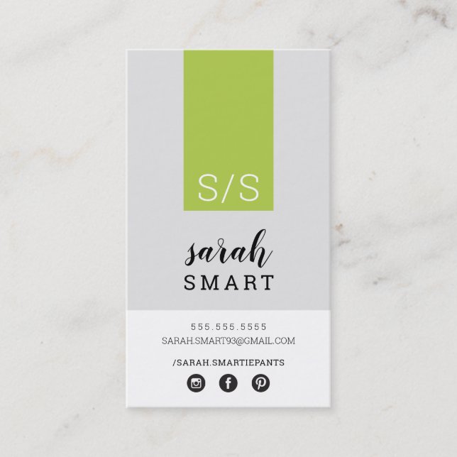 MONOGRAM INITIALS tab modern lime green black grey Business Card (Front)