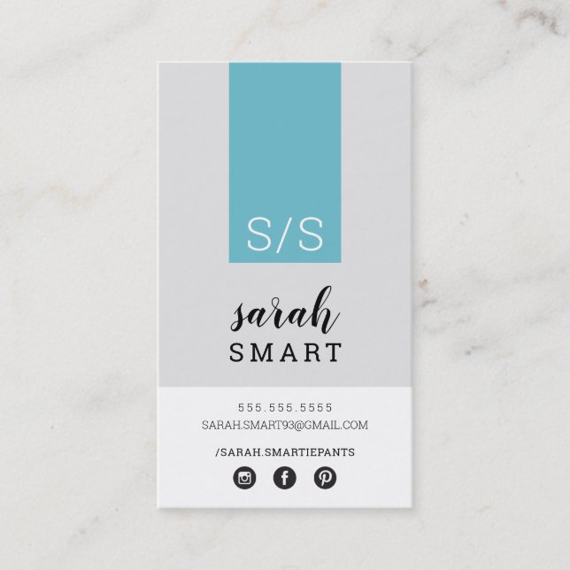 MONOGRAM INITIALS tab modern turquoise blue grey Business Card (Front)