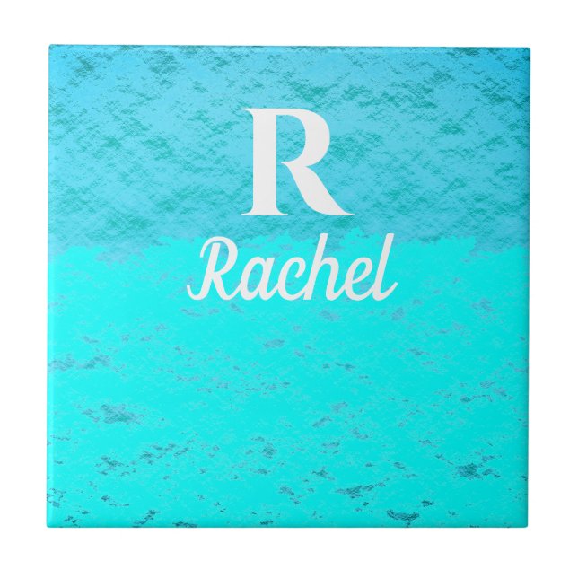 Monogram Initials Teal Blue Turquoise Pastel Ombre Tile (Front)